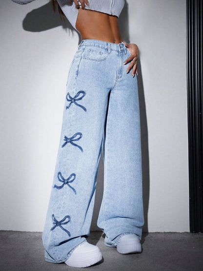 Printed Straight-leg Wide-leg Jeans