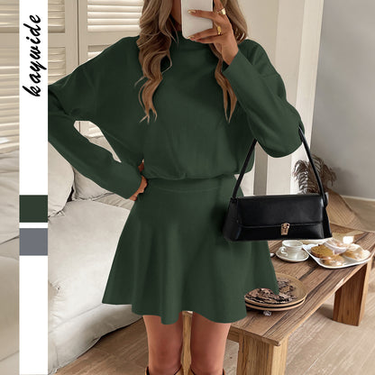 Womens Solid-Color Elegant Knit Long-Sleeve Dress