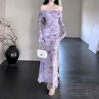 Off-shoulder Mesh Long-sleeved Dress For Women