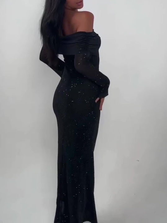 Black Off-Shoulder Maxi Dress With Glitter Detail And Mesh Sleeves
