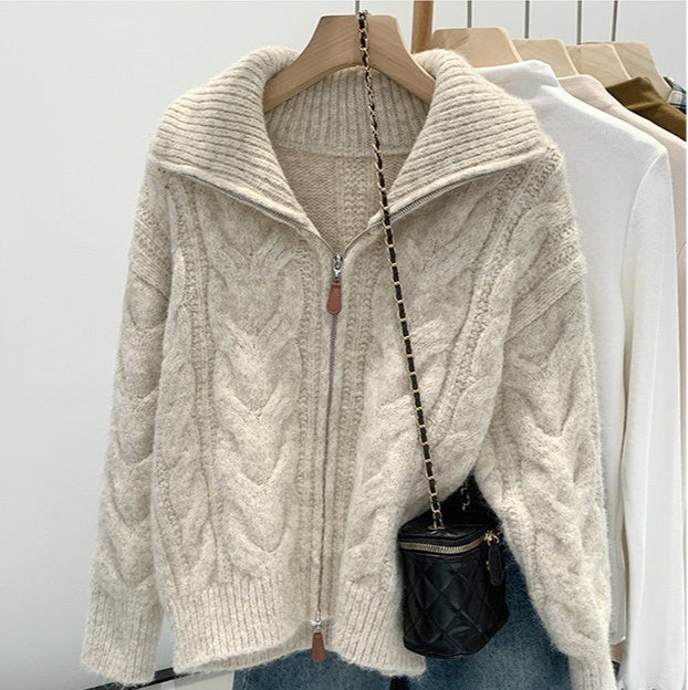 Korean-style Double Zipper Cable Knit Sweater Coat For Women