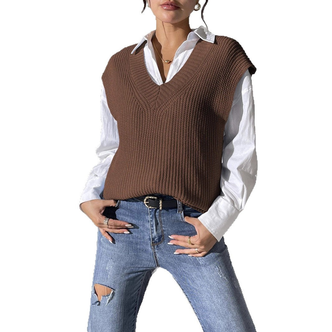 Solid Color Women's Vest V-Neck Simple Casual Knit Sweater Vest