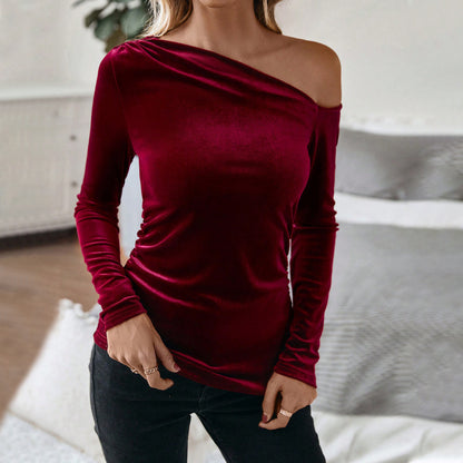 Autumn And Winter New Women's Sexy Off-shoulder Oblique Neck Slim Velvet Long Sleeve Solid Color Party Top