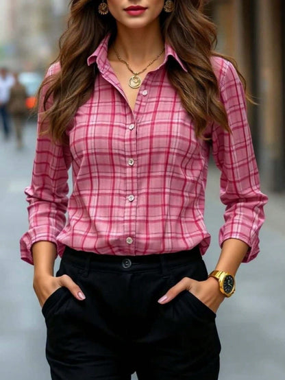 Womens Plaid Shirt Slimming, Figure-Hugging Korean-Style Long-Sleeve Top