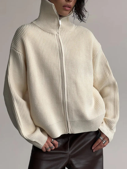 Women's Casual Knit Dual-zip Solid Color Sweater