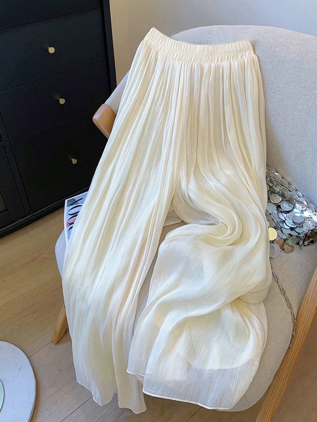 Women's Solid Textured Mesh Casual Loose Wide-leg Pants