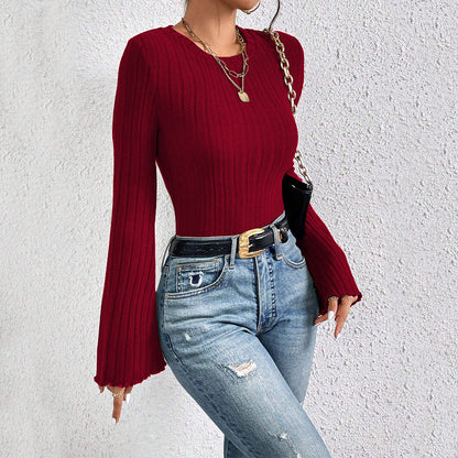 Round-neck Flared Sleeve Wine Red T-shirt Versatile Commuting Top