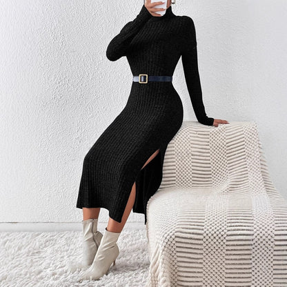 Female Solid Color High Neck Semi-high Neck Black Knitted Dress