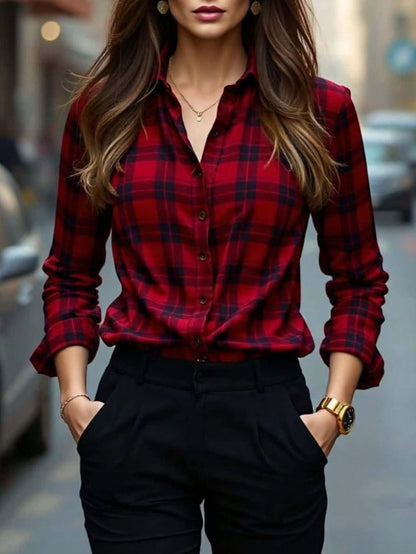 Womens Plaid Shirt Slimming, Figure-Hugging Korean-Style Long-Sleeve Top