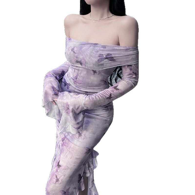 Off-shoulder Mesh Long-sleeved Dress For Women