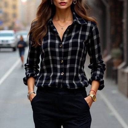 Womens Plaid Shirt Slimming, Figure-Hugging Korean-Style Long-Sleeve Top