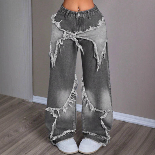 Retro Star Patchwork Heavy Wash Women's Jeans