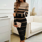 Women's Long Sleeve Bodycon Sweater Dress Round Neck Ribbed Striped Midi Dress For Dinner Dates And Formal Events
