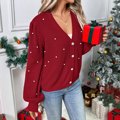 Knitted Cardigan Christmas Red Sweater For Women