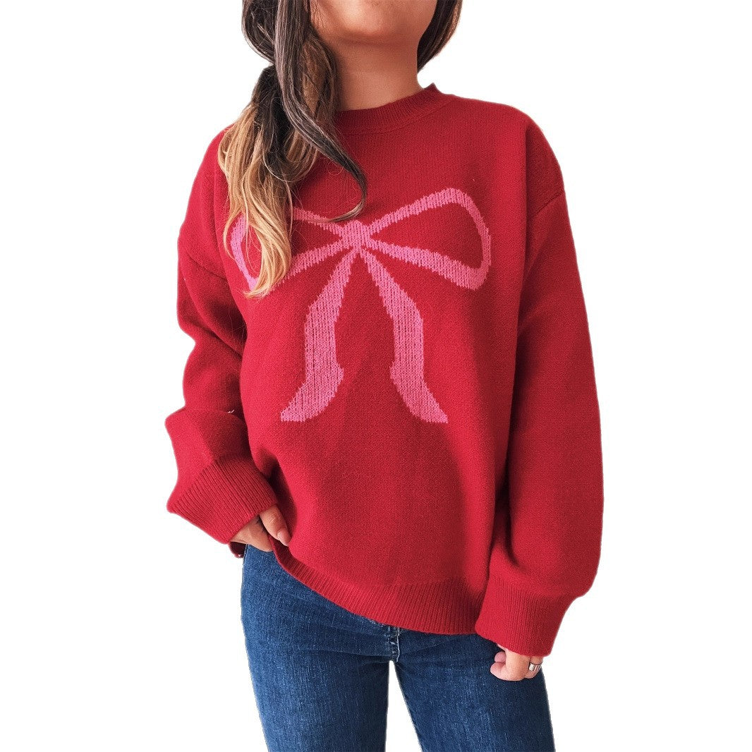 Women's Round Neck Bow Long Sleeve Warm Sweater
