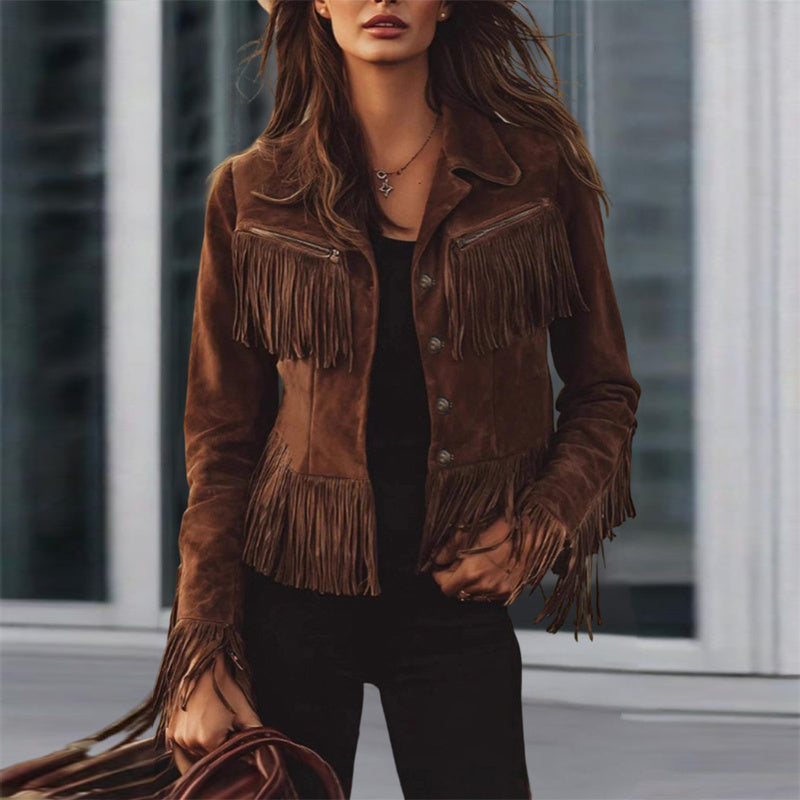 Women's Solid Color Fringe Suede-Look Jacket, Western Style Long Sleeve Button Front Coat For Fall & Winter