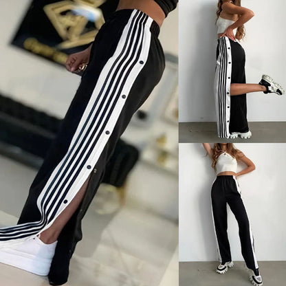 Fashion Trend Stripes Side Button Pants Wide Leg Pants