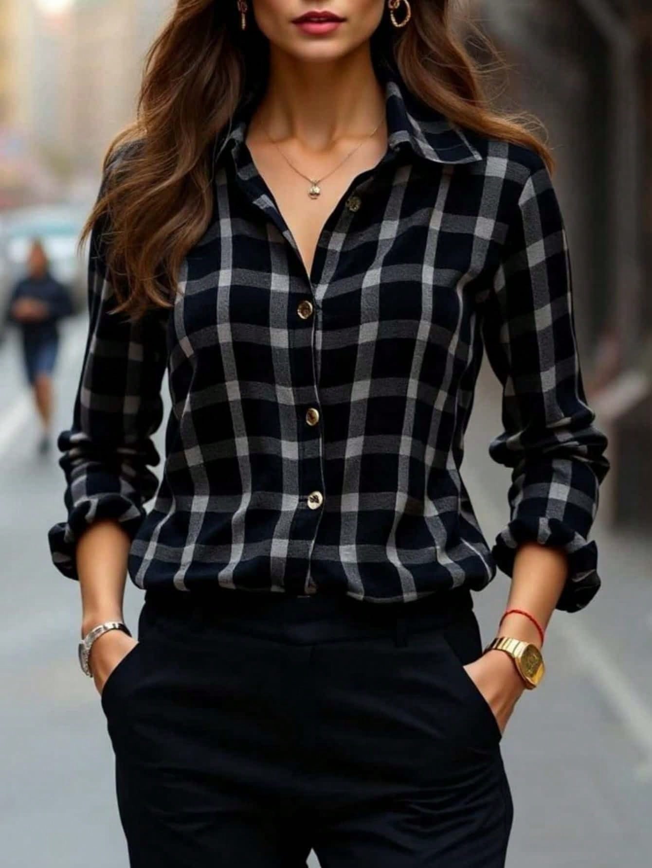 Womens Plaid Shirt Slimming, Figure-Hugging Korean-Style Long-Sleeve Top