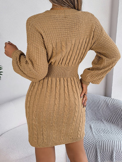 Solid Color Cable Knit Hollow Out Lantern Sleeve Bodycon Sweater Dress