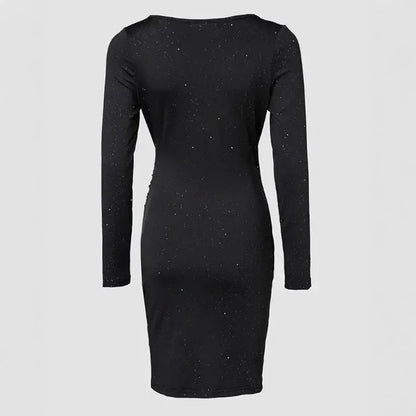 Long-sleeved V-neck Pleated Bodycon Dress For Women