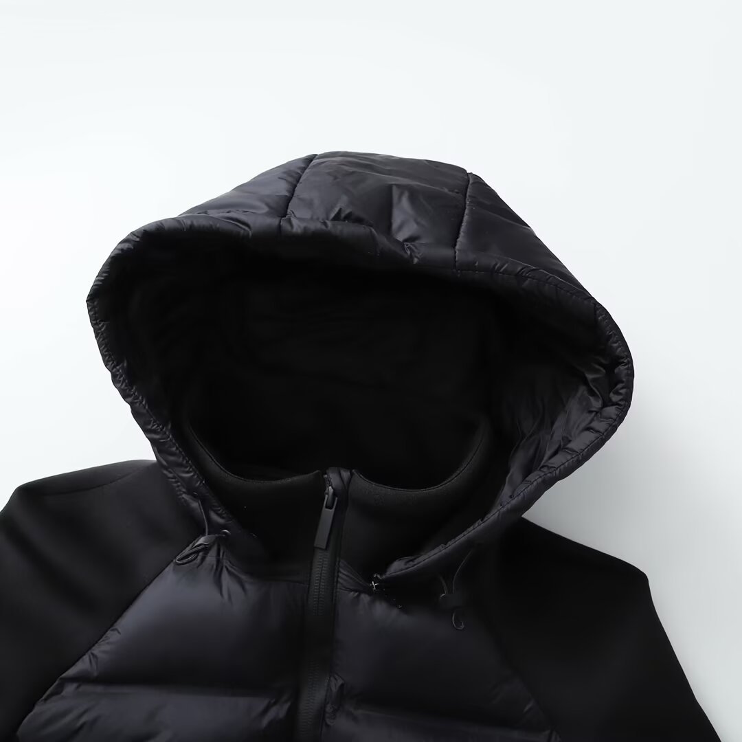 Black Patchwork Thermal Long-Sleeve Hooded Cotton-Padded Jacket Coat