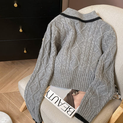 Women's Lapel Short Bow Knit Sweater