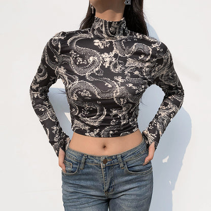 Print Anime Shirt Female Turtleneck Long Sleeve Woman Cropped Tshirts Vintage