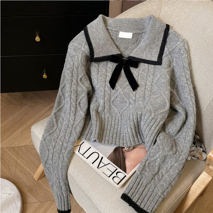 Women's Lapel Short Bow Knit Sweater