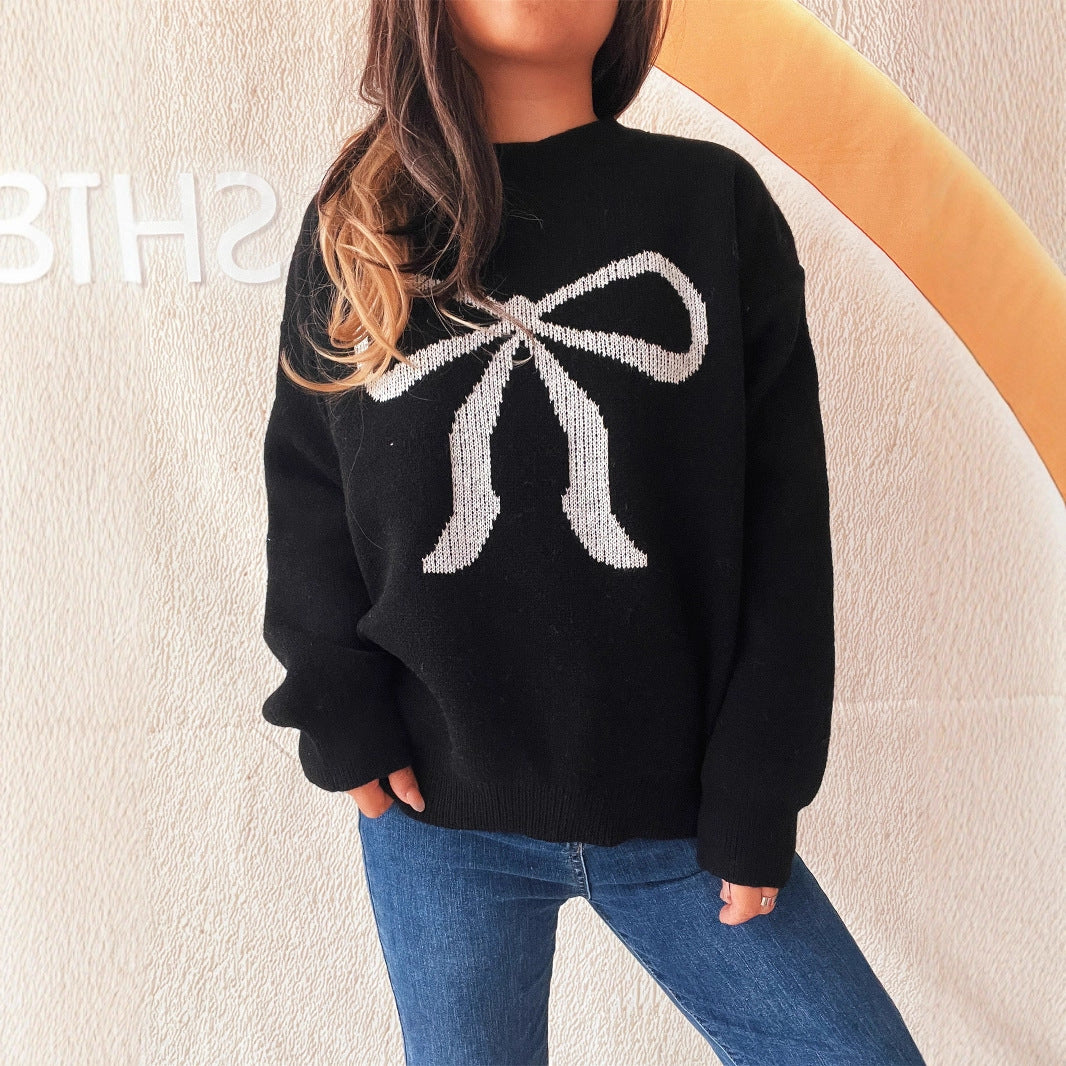 Women's Round Neck Bow Long Sleeve Warm Sweater