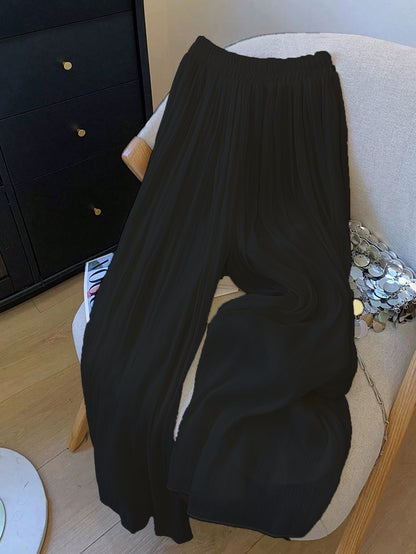 Women's Solid Textured Mesh Casual Loose Wide-leg Pants