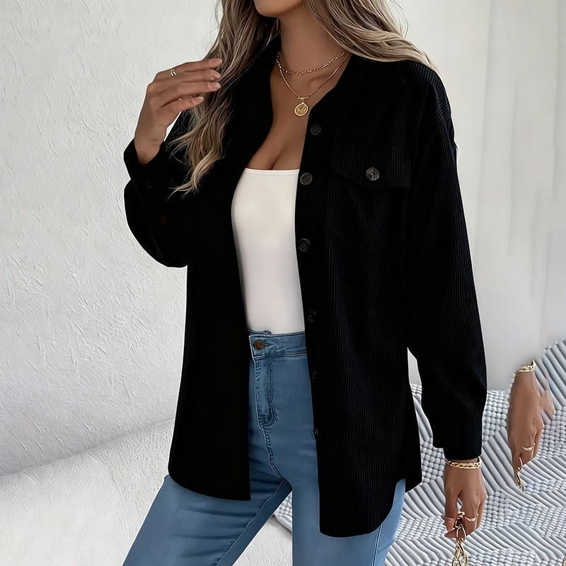 Women's Corduroy Shirt Jacket, Lapel Long Sleeve Button-Down Coat For Casual And Office Wear
