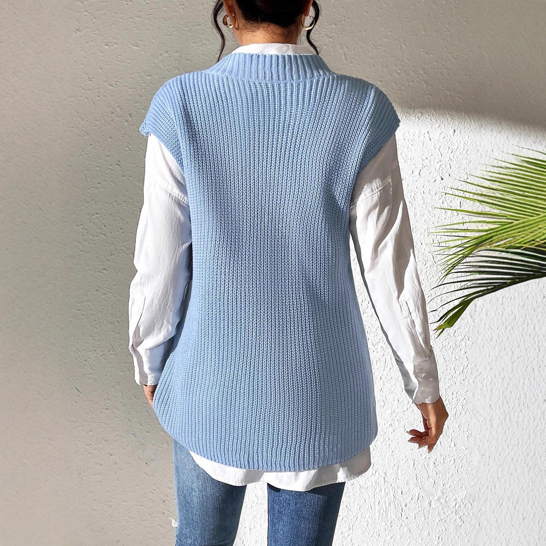 Solid Color Women's Vest V-Neck Simple Casual Knit Sweater Vest