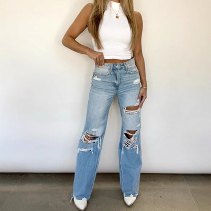 Solid Color Distressed Washed Denim Jeans