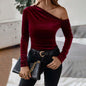 Autumn And Winter New Women's Sexy Off-shoulder Oblique Neck Slim Velvet Long Sleeve Solid Color Party Top