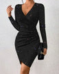 Long-sleeved V-neck Pleated Bodycon Dress For Women