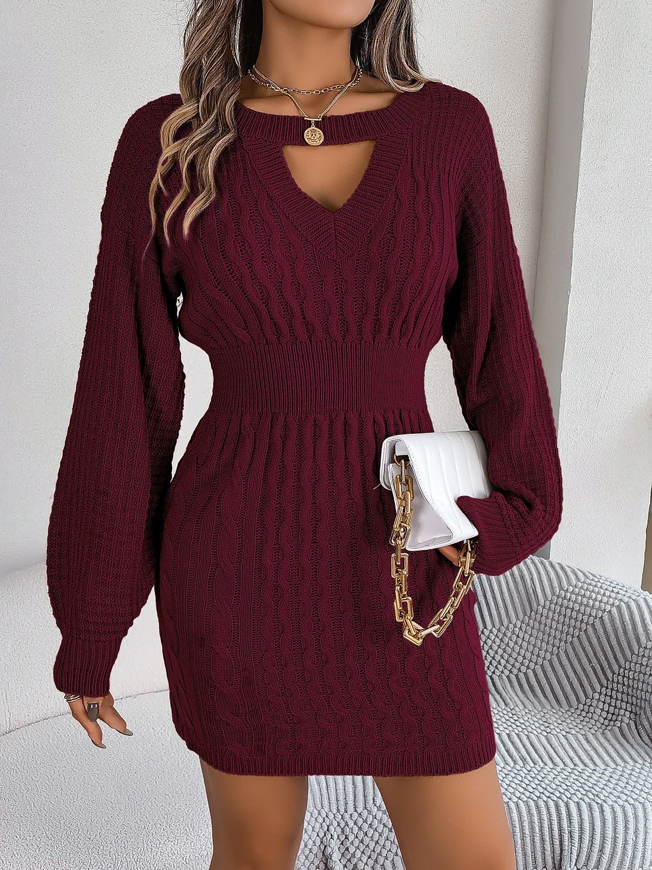 Solid Color Cable Knit Hollow Out Lantern Sleeve Bodycon Sweater Dress