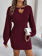 Solid Color Cable Knit Hollow Out Lantern Sleeve Bodycon Sweater Dress