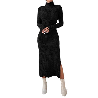 Female Solid Color High Neck Semi-high Neck Black Knitted Dress