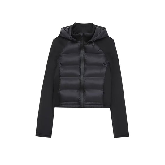 Black Patchwork Thermal Long-Sleeve Hooded Cotton-Padded Jacket Coat