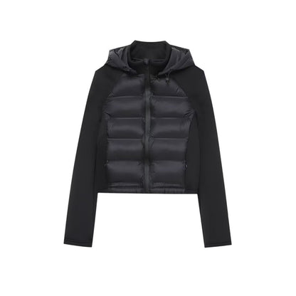 Black Patchwork Thermal Long-Sleeve Hooded Cotton-Padded Jacket Coat