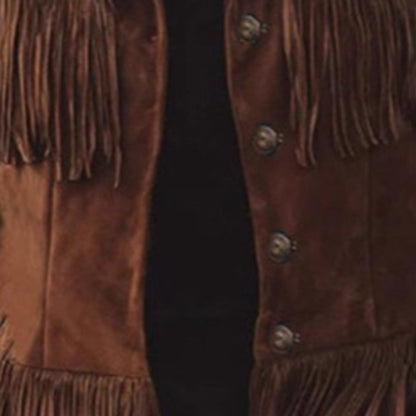 Women's Solid Color Fringe Suede-Look Jacket, Western Style Long Sleeve Button Front Coat For Fall & Winter