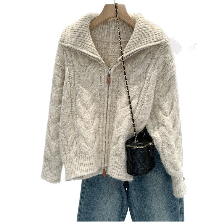 Korean-style Double Zipper Cable Knit Sweater Coat For Women