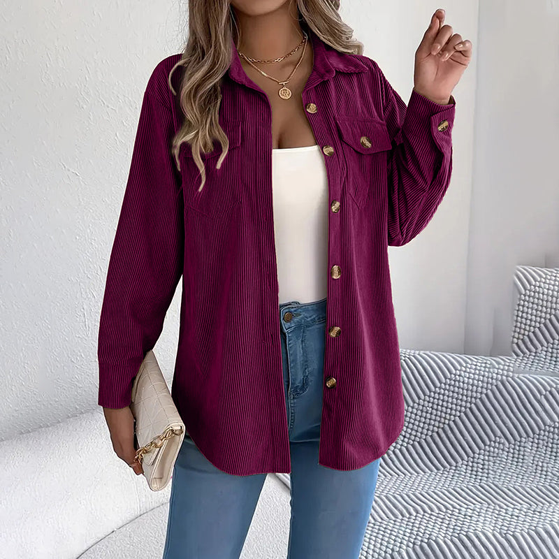Women's Corduroy Shirt Jacket, Lapel Long Sleeve Button-Down Coat For Casual And Office Wear