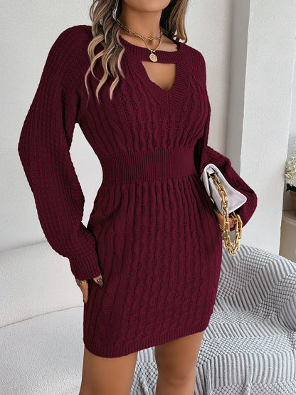 Solid Color Cable Knit Hollow Out Lantern Sleeve Bodycon Sweater Dress