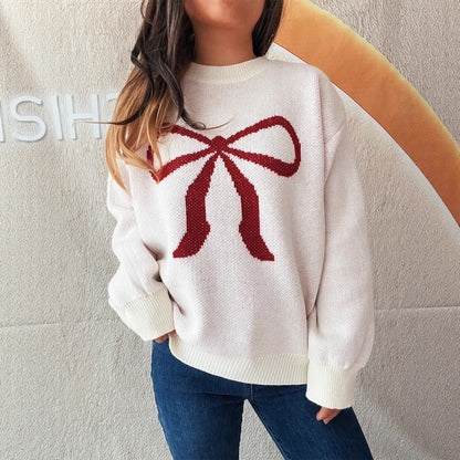 Women's Round Neck Bow Long Sleeve Warm Sweater