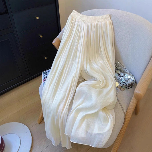 Women's Solid Textured Mesh Casual Loose Wide-leg Pants