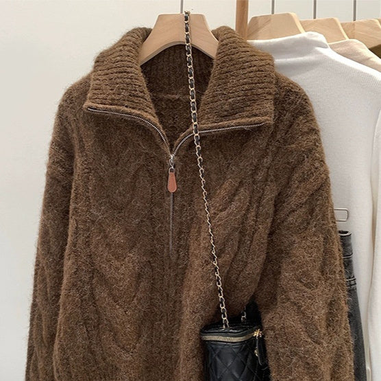 Korean-style Double Zipper Cable Knit Sweater Coat For Women