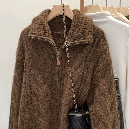 Korean-style Double Zipper Cable Knit Sweater Coat For Women