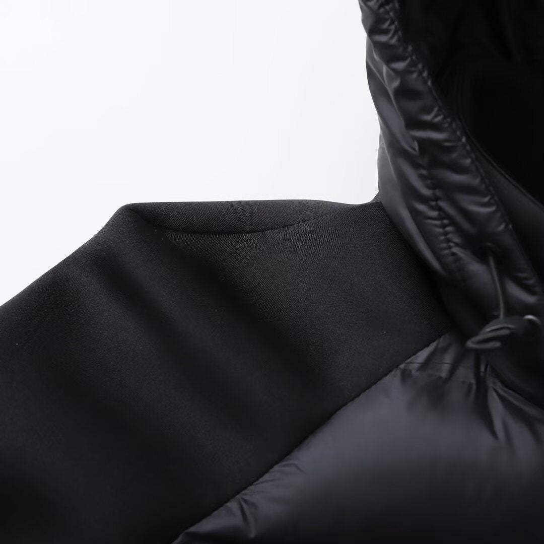 Black Patchwork Thermal Long-Sleeve Hooded Cotton-Padded Jacket Coat