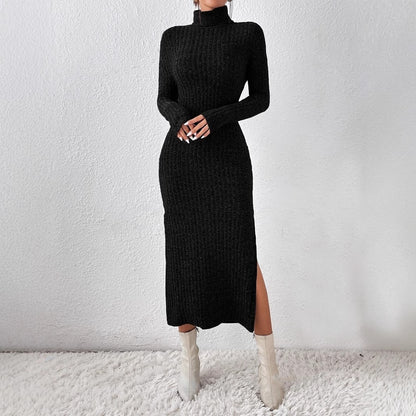 Female Solid Color High Neck Semi-high Neck Black Knitted Dress